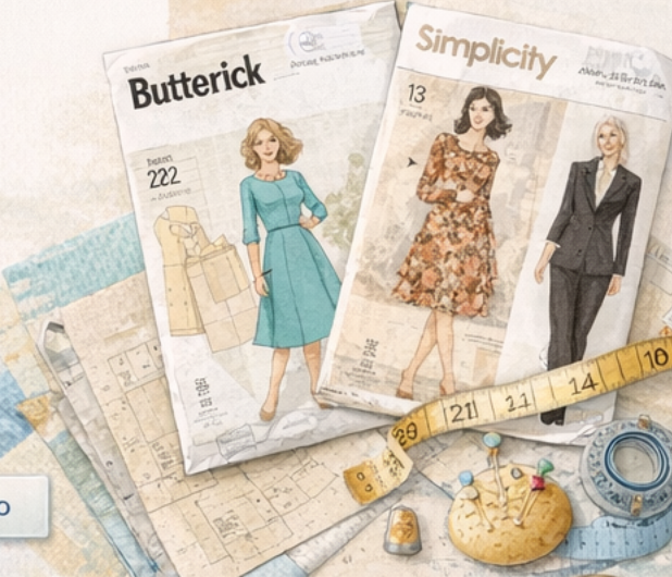 Butterick, Simplicity, and Vogue pattern envelopes with sewing tools